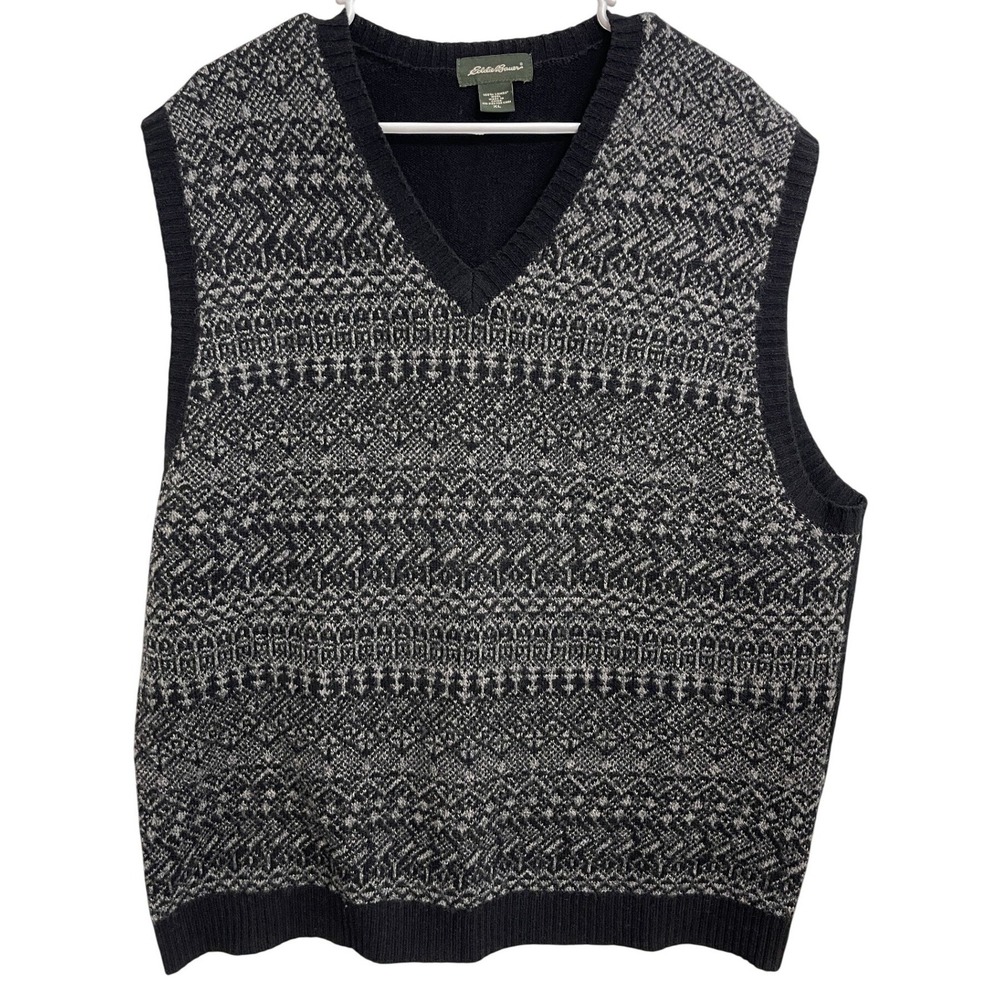 Vintage 90s Eddie Bauer Lambswool Sweater Vest Men's XL Black Fair Isle Heritage